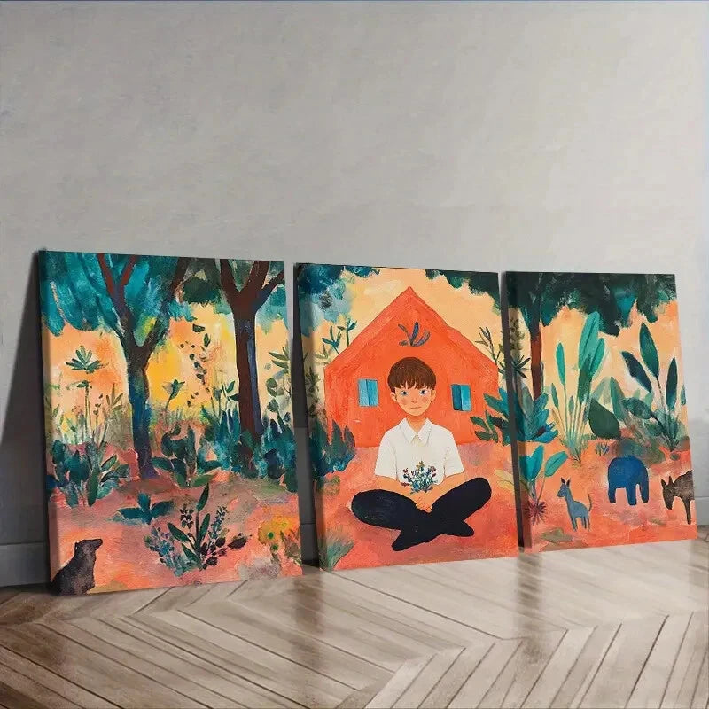 3-Piece Vibrant Boy & Wildlife Scenes Wall Art Set - Framed Canvas Prints 50x70cm - High Quality Australian-Made Wall Decor - Ready to Hang - Perfect for Kids' Rooms, Nurseries & Living Room Decor