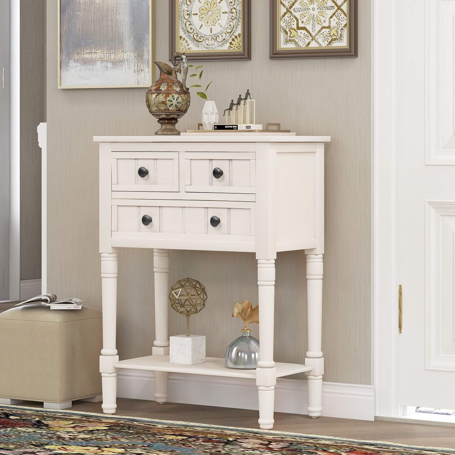 Narrow Console Table with 4 Storage Drawers & Bottom Shelf - Solid Wood Sofa Table, Entryway Table, Sideboard for Living Room, Hallway - Easy Assembly (White) - Perfect for Small Spaces & Home Organization