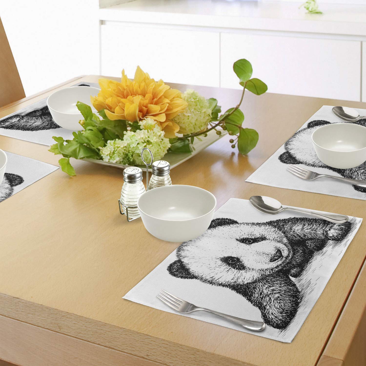 Ambesonne 4-Piece Panda Place Mats Set - Baby Panda Bear Sketch Artwork, Wild Animals Theme Washable Fabric Dining Mats for Kitchen & Table Decor (Black & White) - Perfect for Family Dinners, Parties & Animal Lovers