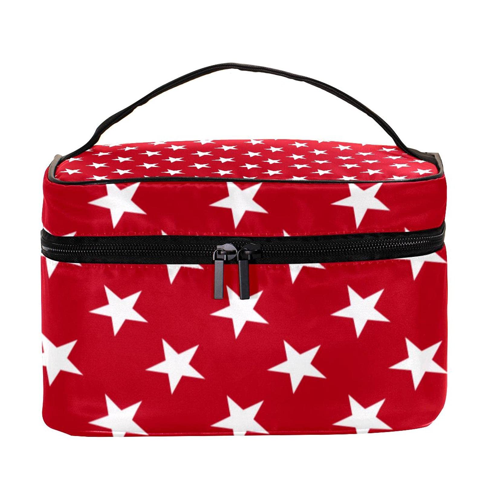 White Stars Red Pattern Large Travel Makeup Bag - Cosmetic Organizer Case with Zipper for Women & Girls | Perfect for Vacation, Gym, and Daily Essentials Storage