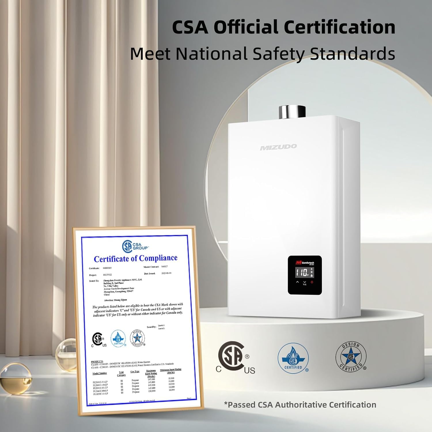 MIZUDO 80,000 BTU Propane Tankless Water Heater - 3.6 GPM Indoor Instant Hot Water System (CSA Certified) for Homes, Cabins & RV Showers