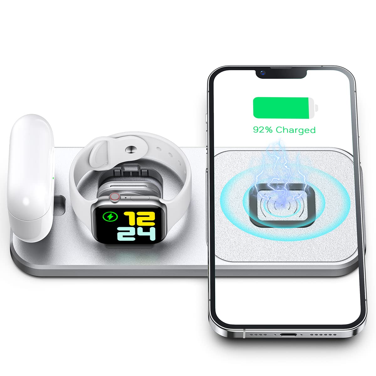 XICPU 3-in-1 Fast Wireless Charging Station - Portable Foldable Charger Stand for iPhone, Apple Watch & AirPods | Perfect for Home, Office & Travel (Silver)