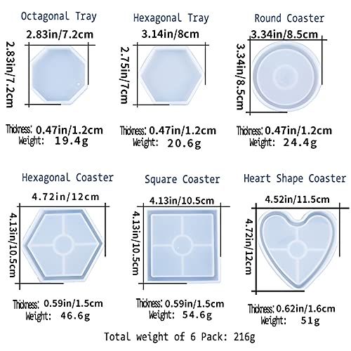 6 Pack Silicone Coaster Molds for Resin & Epoxy - Hexagon, Square, Round Shapes - DIY Resin, Concrete, Cement Casting - Perfect for Home Decor, Gift Making & Craft Projects