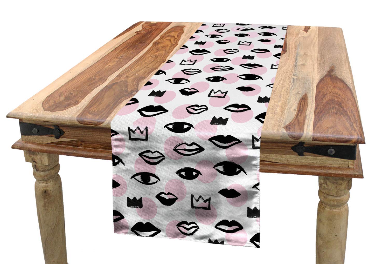 Ambesonne Love Table Runner - Handmade Brush Drawn Lips, Eyes & Crowns on Polka Dot Background - 16x72 Inch Rose Charcoal Grey Dining Table Decor - Perfect for Valentine's Day, Weddings & Romantic Dinner Settings