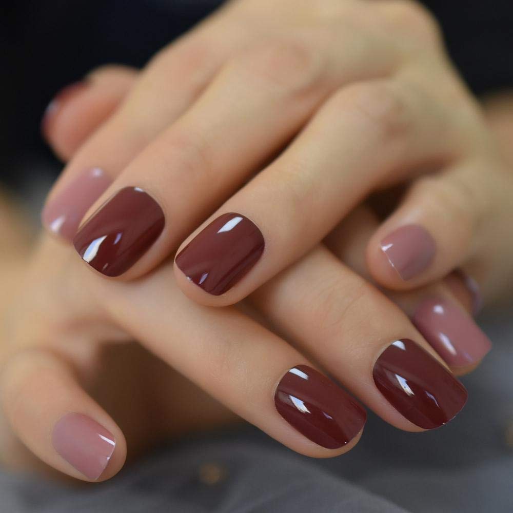 Short Squoval False Nails - Dark Red Glossy Fake Nails with Adhesive for Women | Mix Color Petite Artificial Nails | Perfect for Office Ladies & Professional Settings
