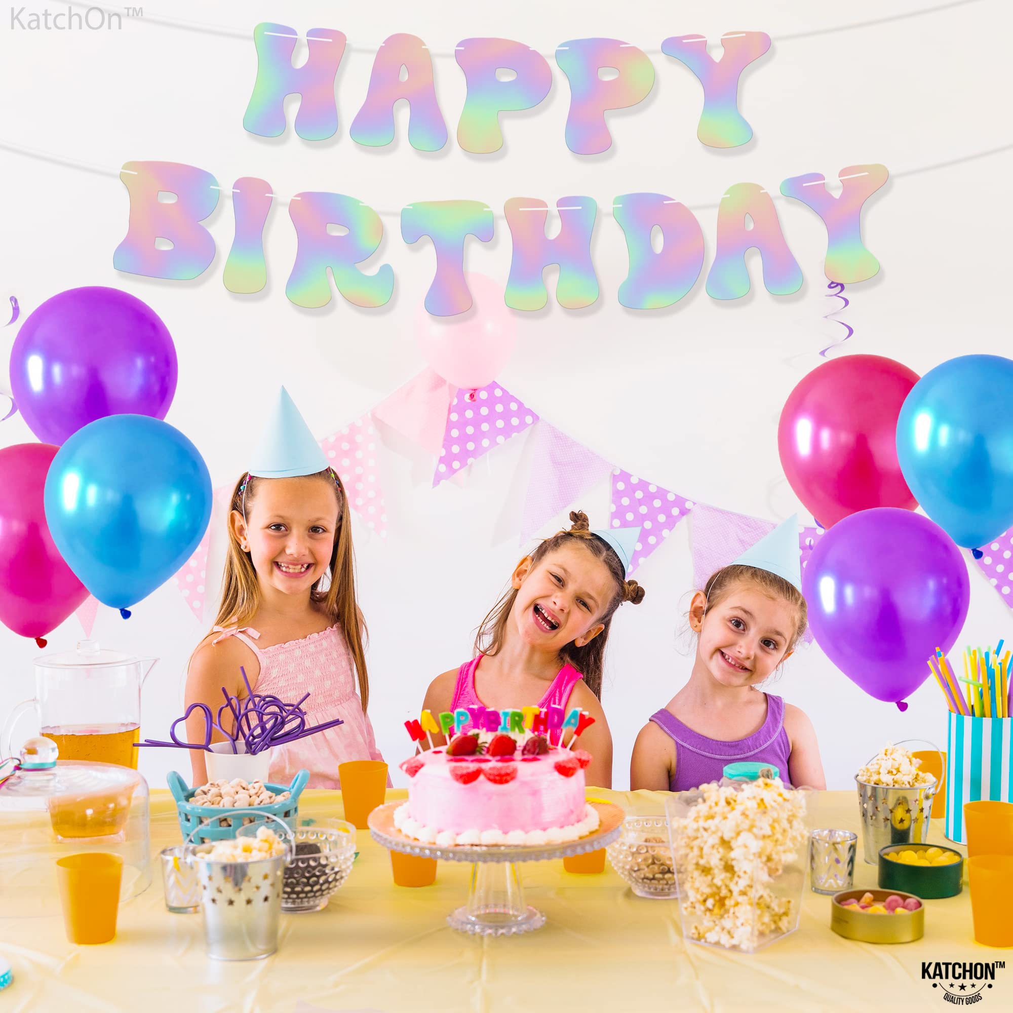 KatchOn 10ft Iridescent Happy Birthday Banner - Prestrung Disco Party Sign, Holographic Birthday Decor for Women | Perfect for Disco Themed Parties, Birthday Celebrations & Home Decorations
