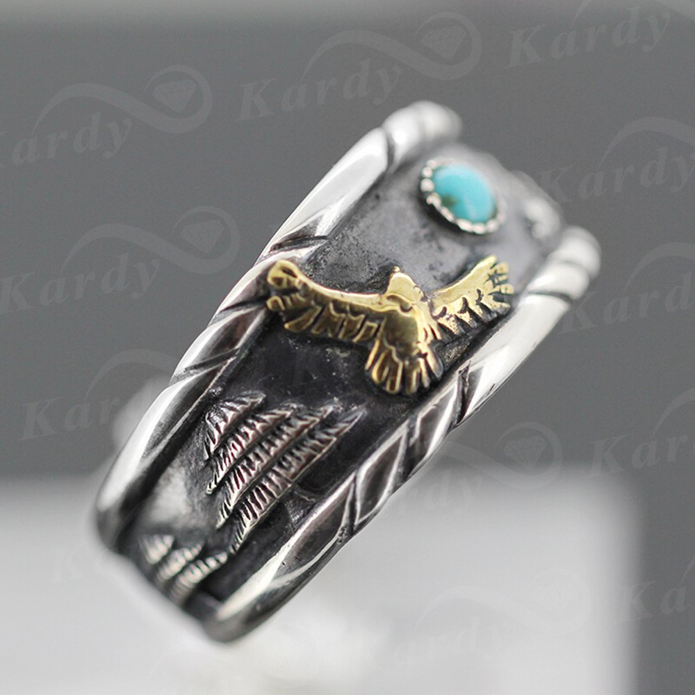 Antique Vintage Men's 925 Sterling Silver & Copper Biker Ring Set with Natural Blue Turquoise Gemstone - Unique Fashion Jewelry for Daily Wear, Gifts & Biker Lifestyle