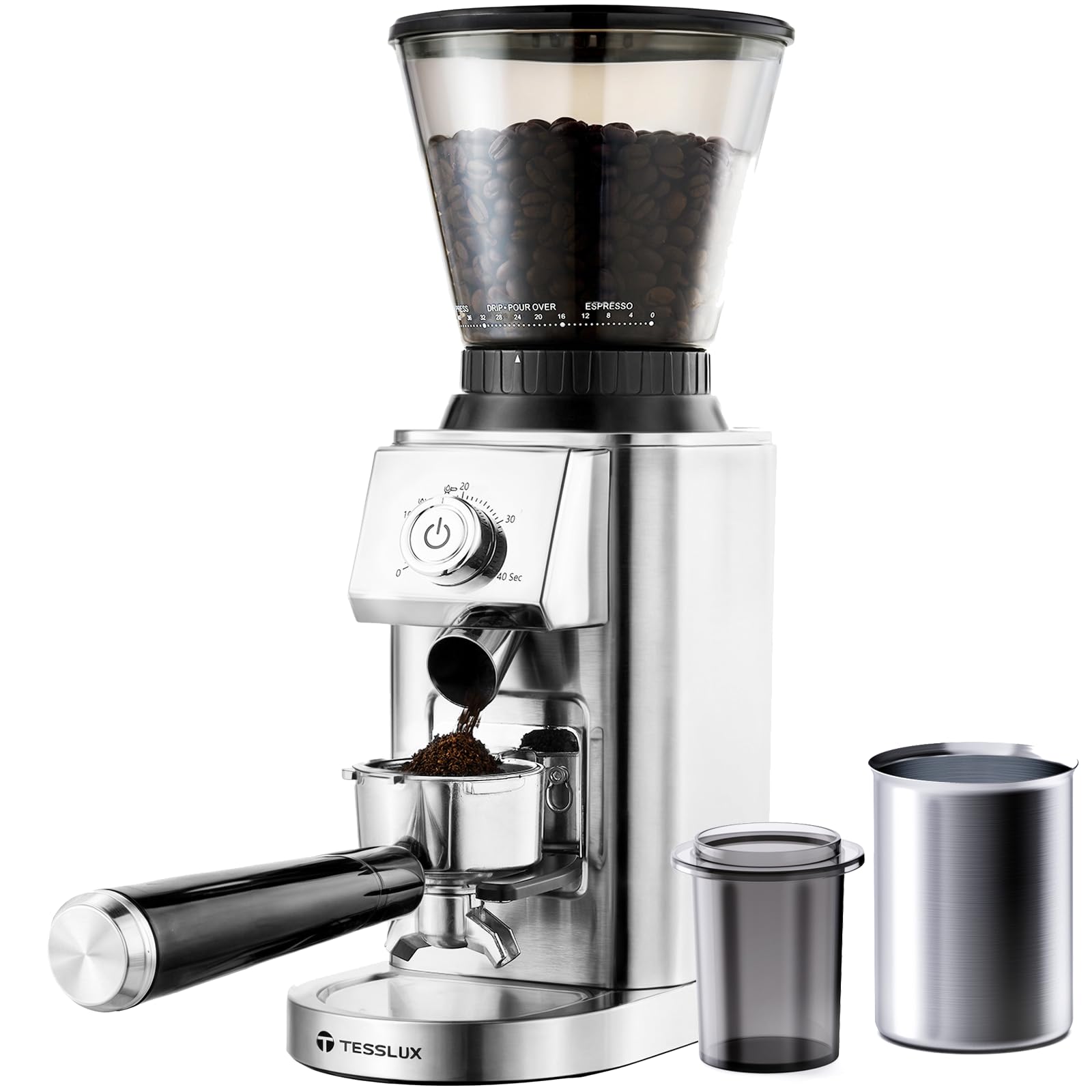 Premium Electric Conical Burr Coffee Grinder for Espresso & Drip Coffee - 48 Precise Grind Settings, Anti-Static Design, Precision Timer - Perfect for Home Baristas & Coffee Enthusiasts (Silver) | Ideal for Freshly Ground Coffee at Home, Office, or Café Use