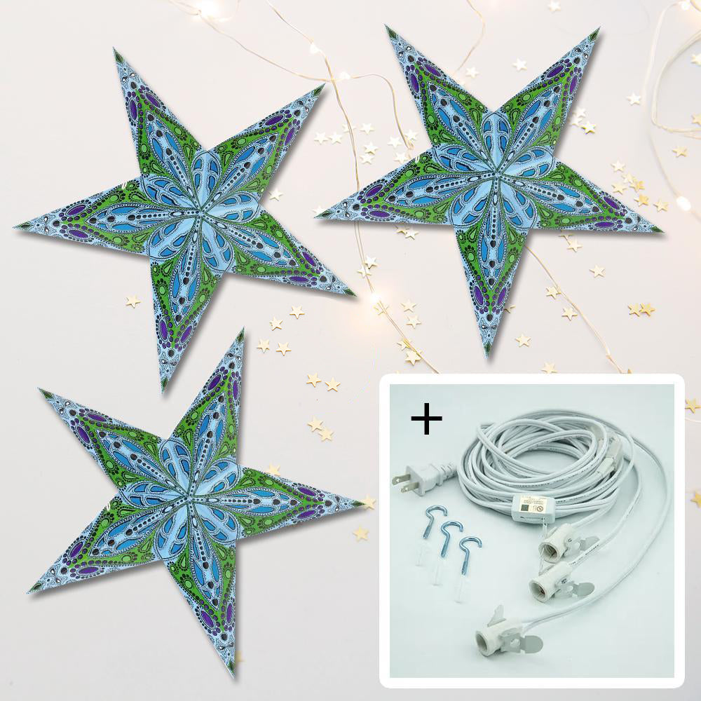 3 Pack Blue Dahlia LED Illuminated Paper Star Lanterns - 24 Inch Hanging Decor with Bulbs & Cord - Perfect for Bedroom, Patio, Wedding and Party Lighting