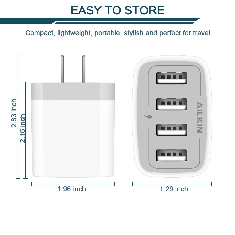 AILKIN 4.8A Fast USB Wall Charger Adapter 2-Pack - 4-Port Multi USB Charging Block for iPhone 15/14/13/12/11/XR/XS/X/8/7, Samsung Galaxy, Moto, LG, Pixel - Compact Power Cube for Home, Office & Travel Charging