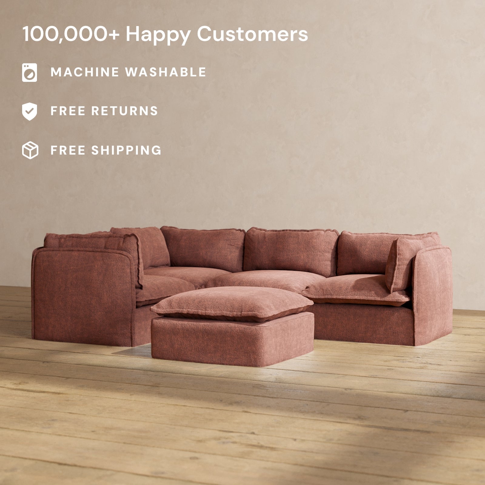Modular Performance 4-Seater Corner Sectional Sofa with Ottoman in Chestnut Brown | Premium Fabric Blend | Perfect for Living Room, Family Room & Home Theater