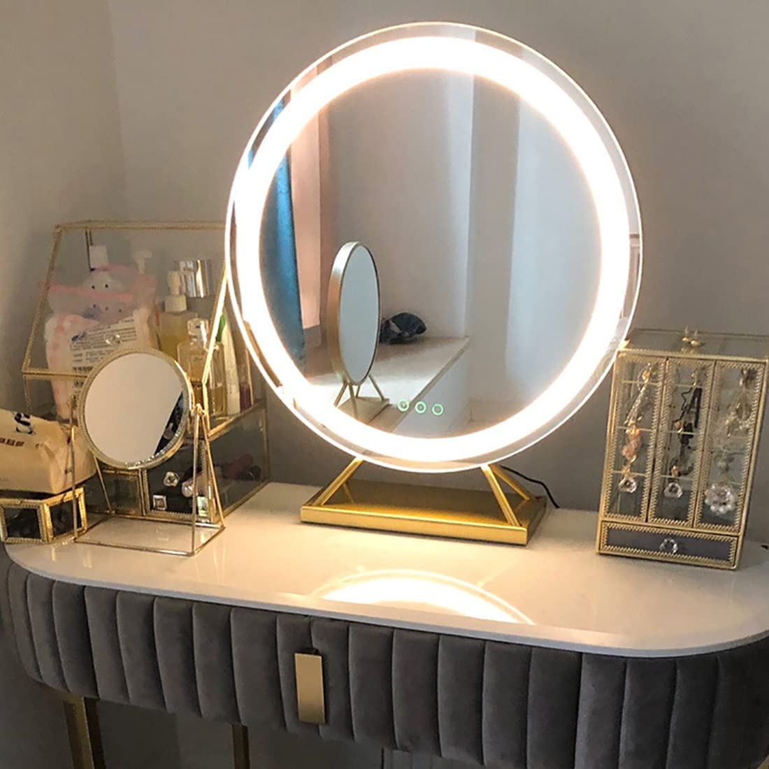 **40CM Round LED Vanity Mirror with Lights - Gold Boho Wall Mirror for Makeup & Living Room Decor, Black Frame (Perfect for Bedroom, Bathroom & Entryway)**