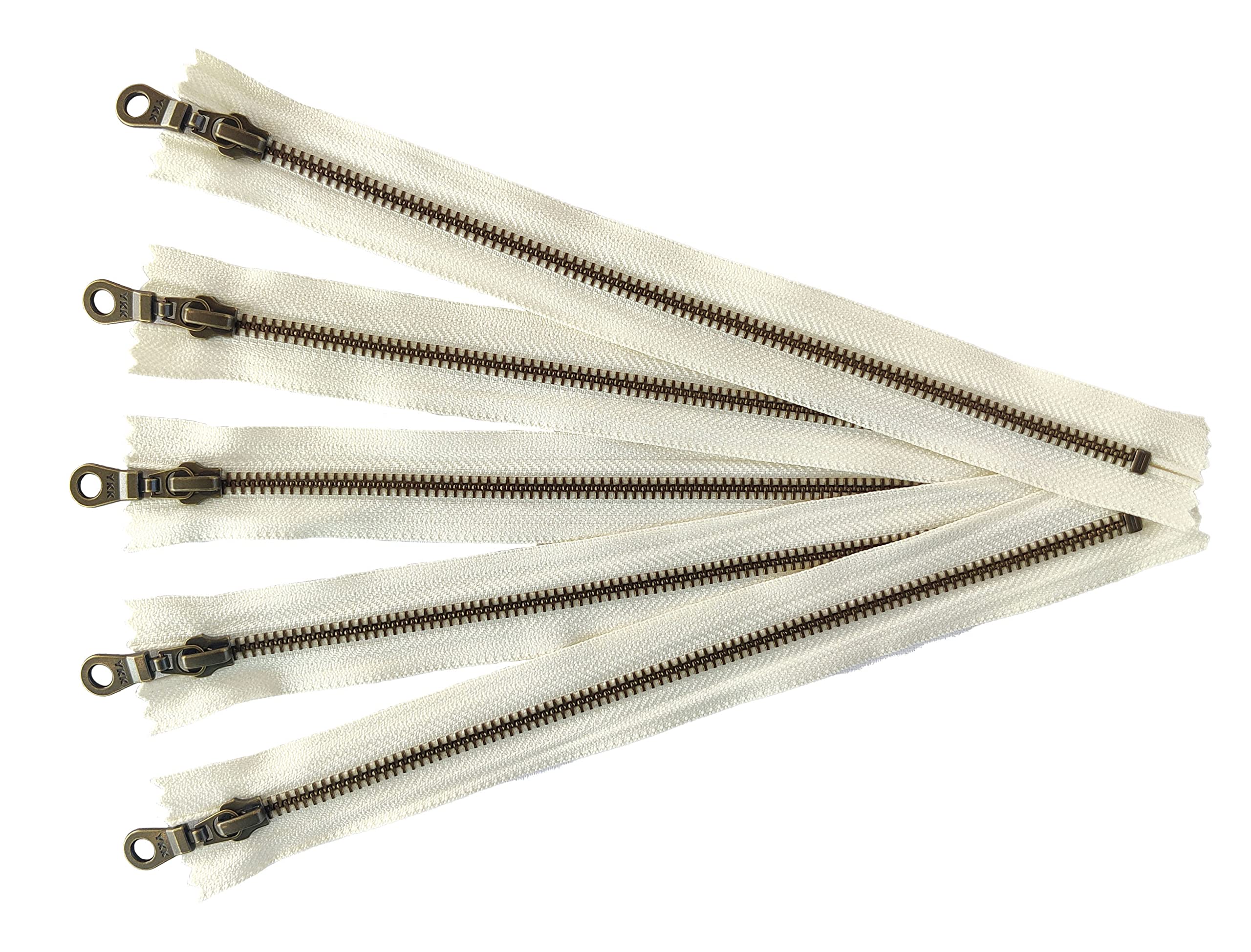 YKK Antique Brass Metal Zippers #5 Closed-End 6 Inch - Vanilla Cream Offwhite Donut Pull - Set of 5 for DIY Crafts, Handmade Bags, Leather Projects & Vintage Clothing Repair