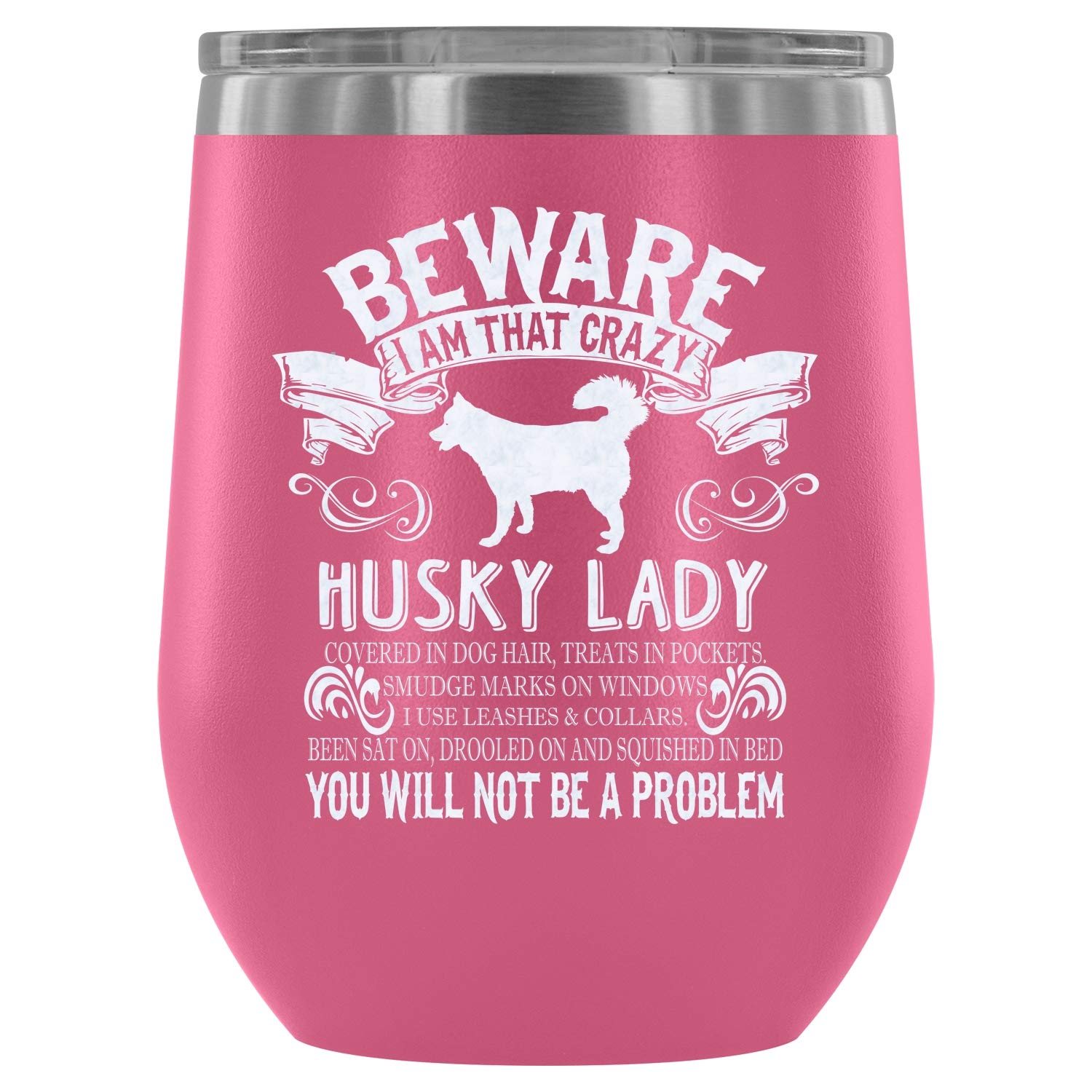 Stainless Steel Stemless Wine Tumbler - 12Oz Vacuum Insulated Wine Glass for Husky Moms | Perfect for Outdoor Parties, Picnics & Dog Walks (Pink)
