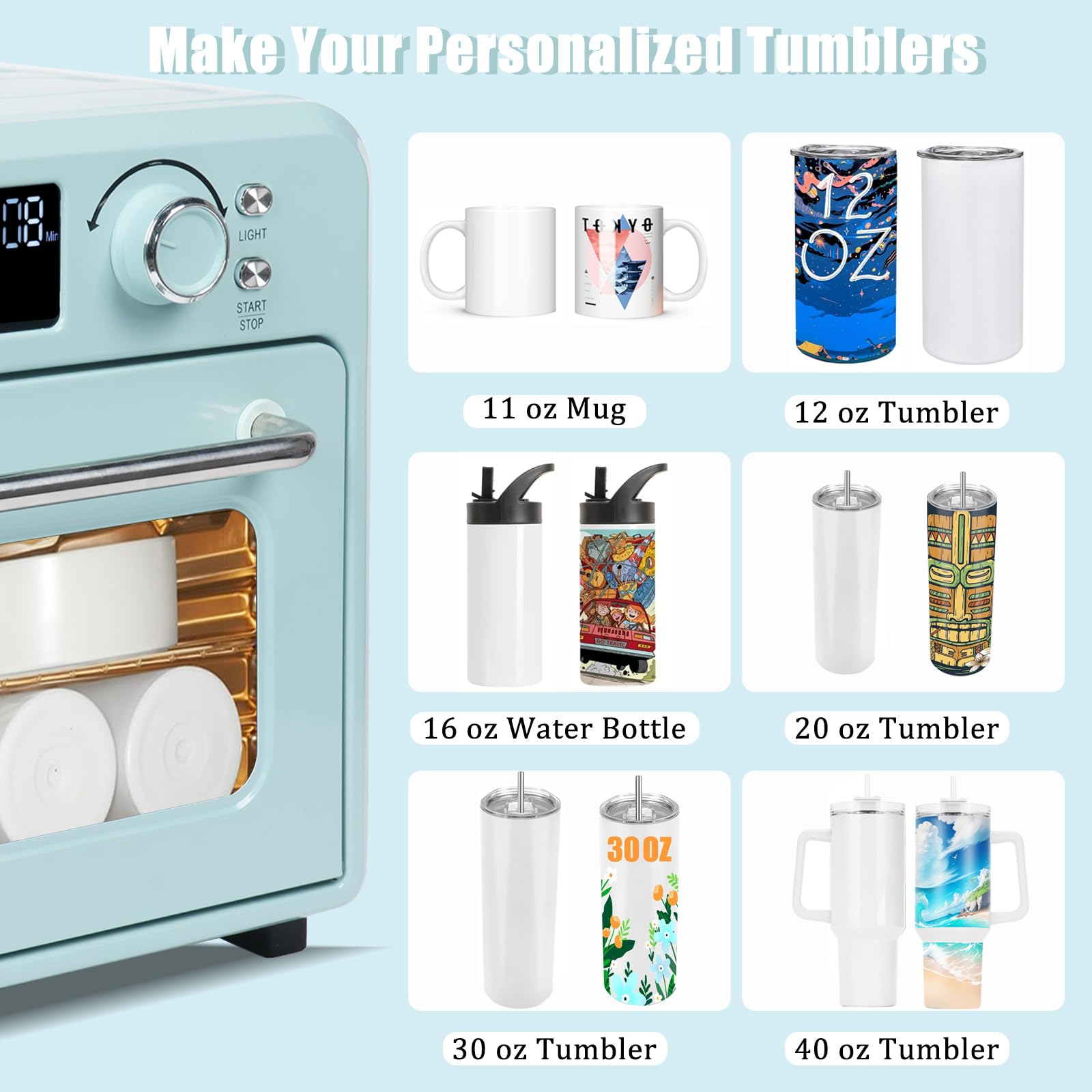 **16L 110V 1400W Sublimation Oven with Digital Display – Convection Heat for T-Shirts, Tumblers, Mugs & Water Bottles – Perfect for DIY Craft & Bulk Sublimation Transfer (Morandi Blue, Includes Glove)**    *(Use Cases: Ideal for small businesses, crafters, and hobbyists creating custom sublimation designs on apparel, drinkware, and promotional items.)*