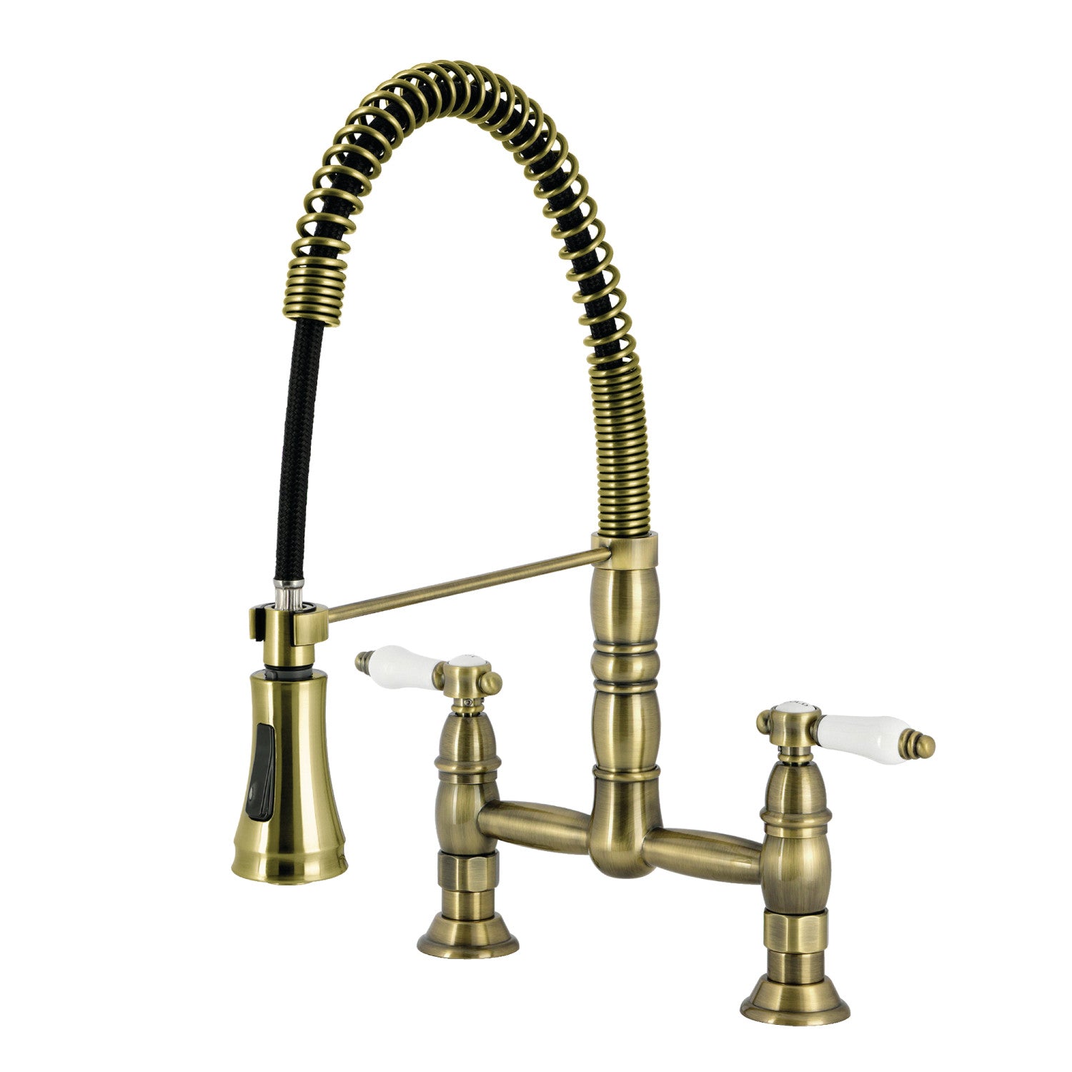 Bel Air GS1273BPL Antique Brass Double Handle 2 Hole Deck Mount Pre Rinse Bridge Kitchen Faucet - Perfect for Commercial Style Kitchens & Restaurant Prep Areas