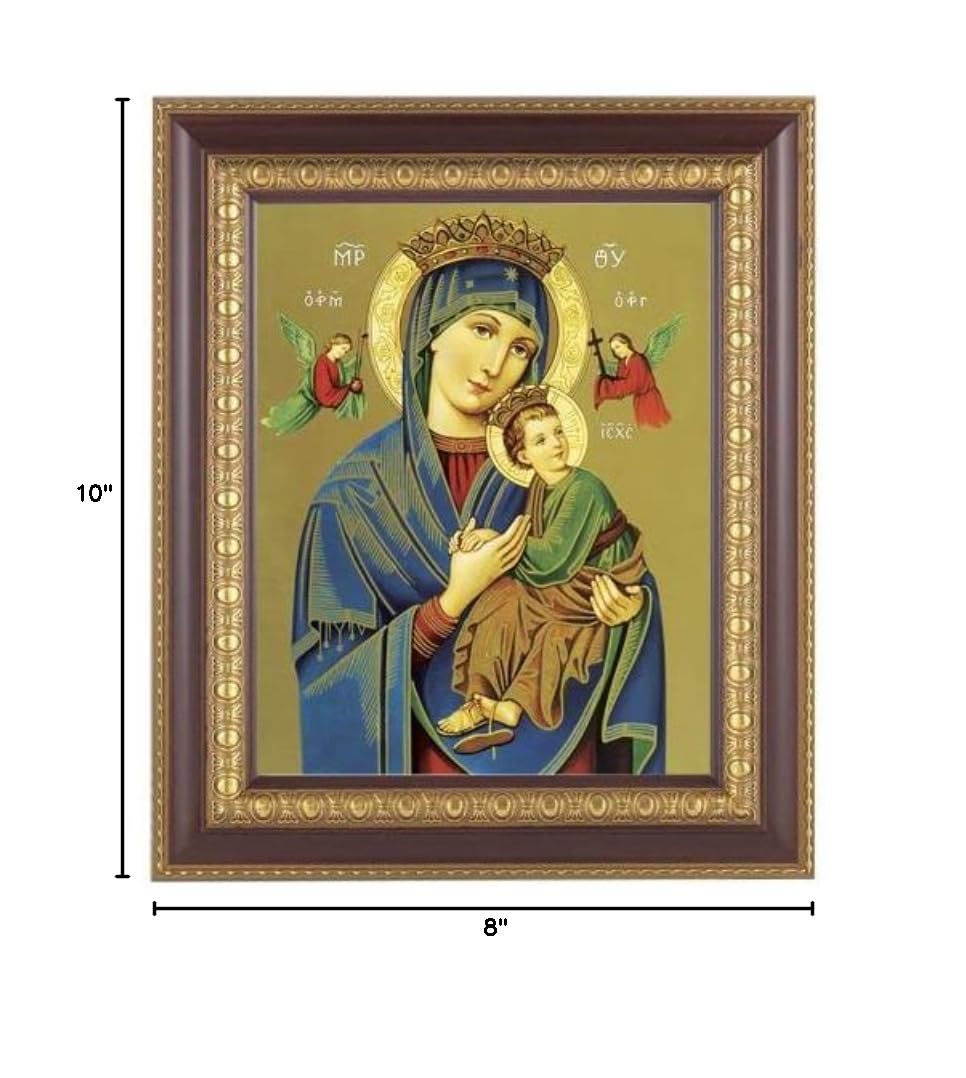 Religious Wall Art Decor - Our Perpetual Help Framed Picture with Dark Cherry & Gold Egg Dart Frame - Perfect for Home, Church & Office Decor