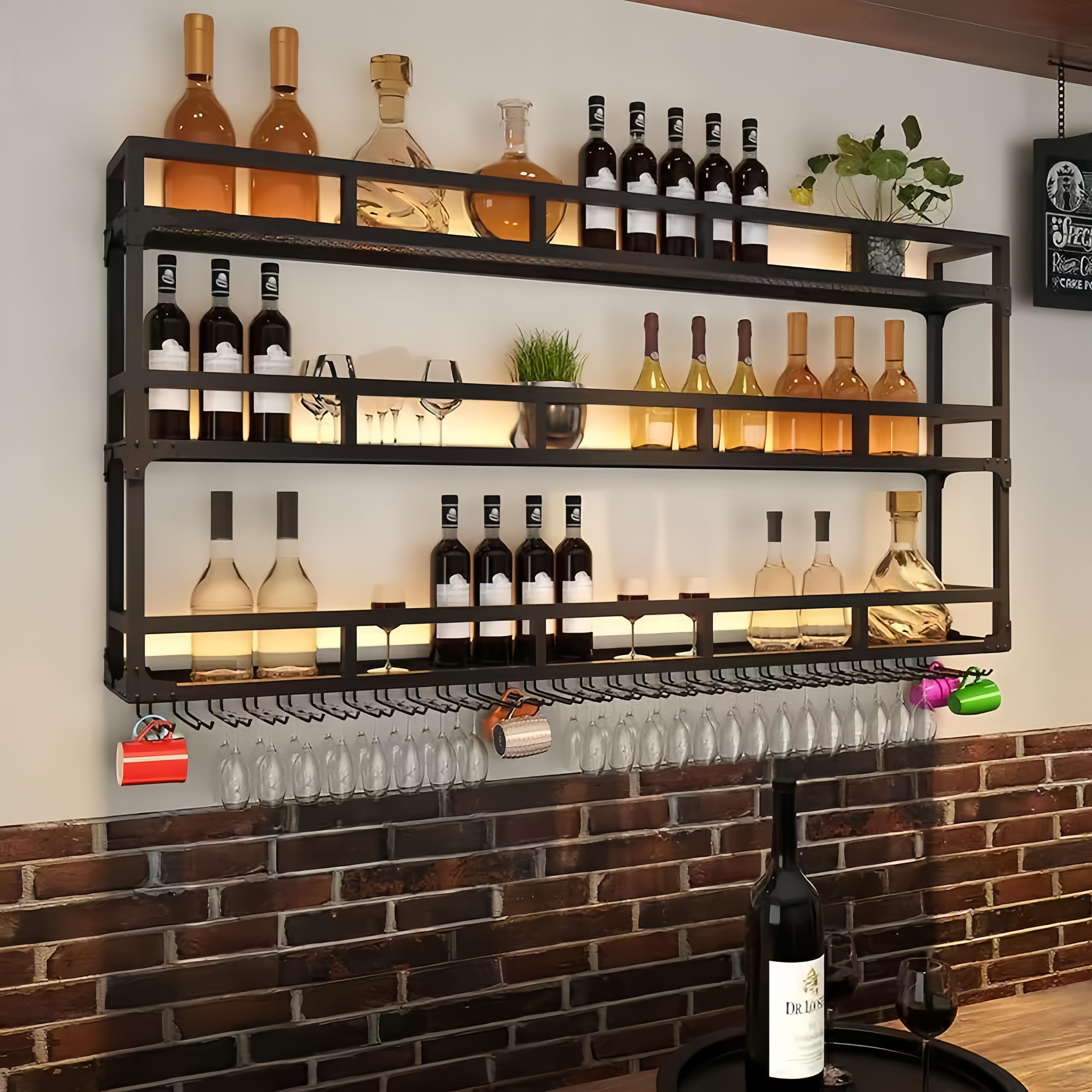 3-Tier Wall Mounted Wine Rack with LED Lights - Modern Bar Shelves for Wine, Liquor Bottles & Hanging Glasses - Space-Saving Kitchen, Dining Room & Home Bar Decor (Black, 47 Inch) - Perfect for Entertaining Guests & Displaying Your Wine Collection