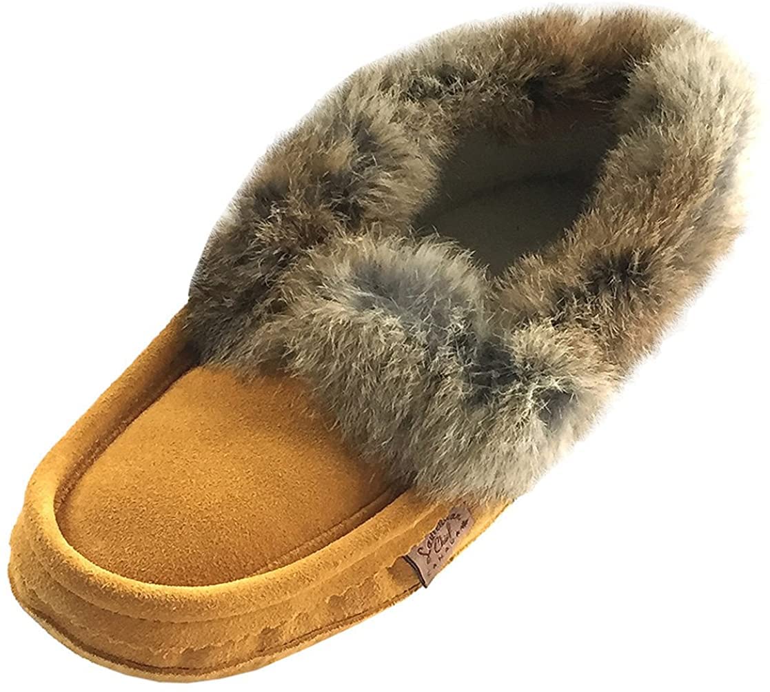 Laurentian Chief Men's Suede Moccasin Slippers with Rabbit Fur Collar - Soft Sole Indoor House Shoes for Winter Comfort & Cozy Home Wear