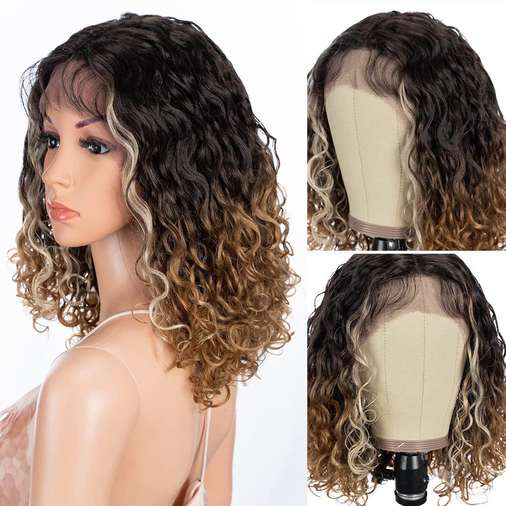 Style Icon Ombre Lace Front Wig - Short Curly Wavy Synthetic Hair with BIO & VEGETAL Fiber (13 Inches, BTHL427613) - Perfect for Daily Wear, Cosplay & Special Occasions