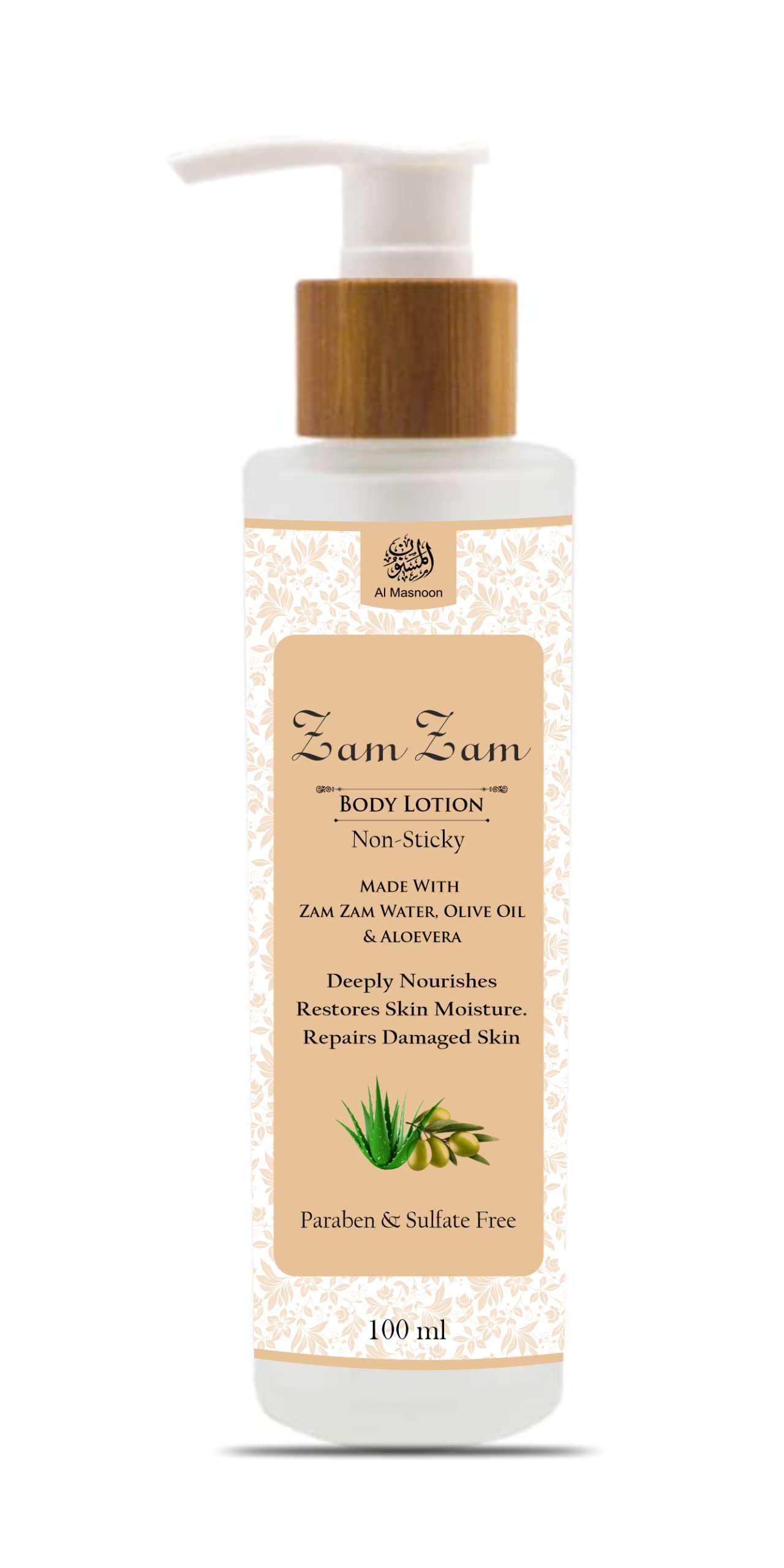 AL MASNOON Zam Zam Body Lotion with Zam Zam Water, Olive Oil & Aloe Vera - 100ml, Paraben & Sulfate Free - Hydrating & Nourishing for Dry Skin - Perfect for Daily Moisturizing & After-Shower Care