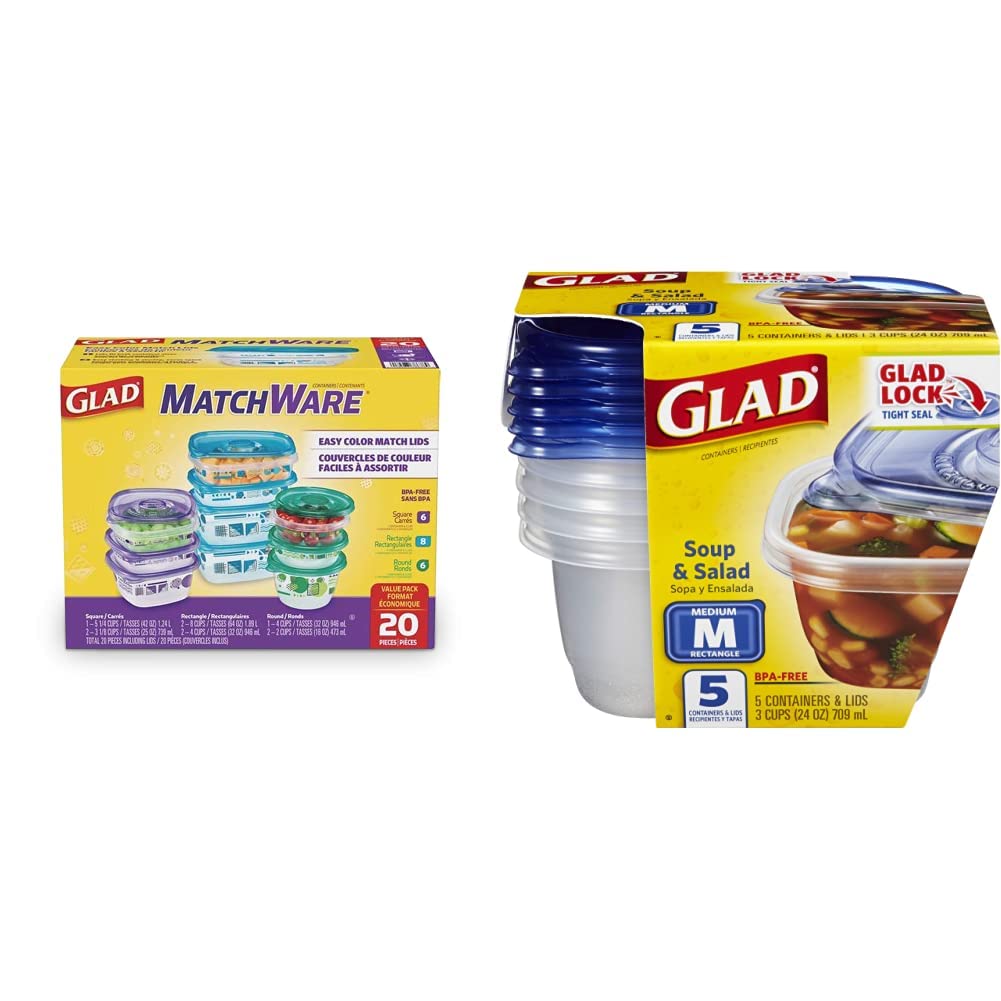 GladWare Matchware Food Storage Containers - 5-Piece Medium Rectangle Set for Meal Prep, Leftovers & Salad Storage | BPA-Free Plastic Containers with Lids for Kitchen, Office & Picnic Use