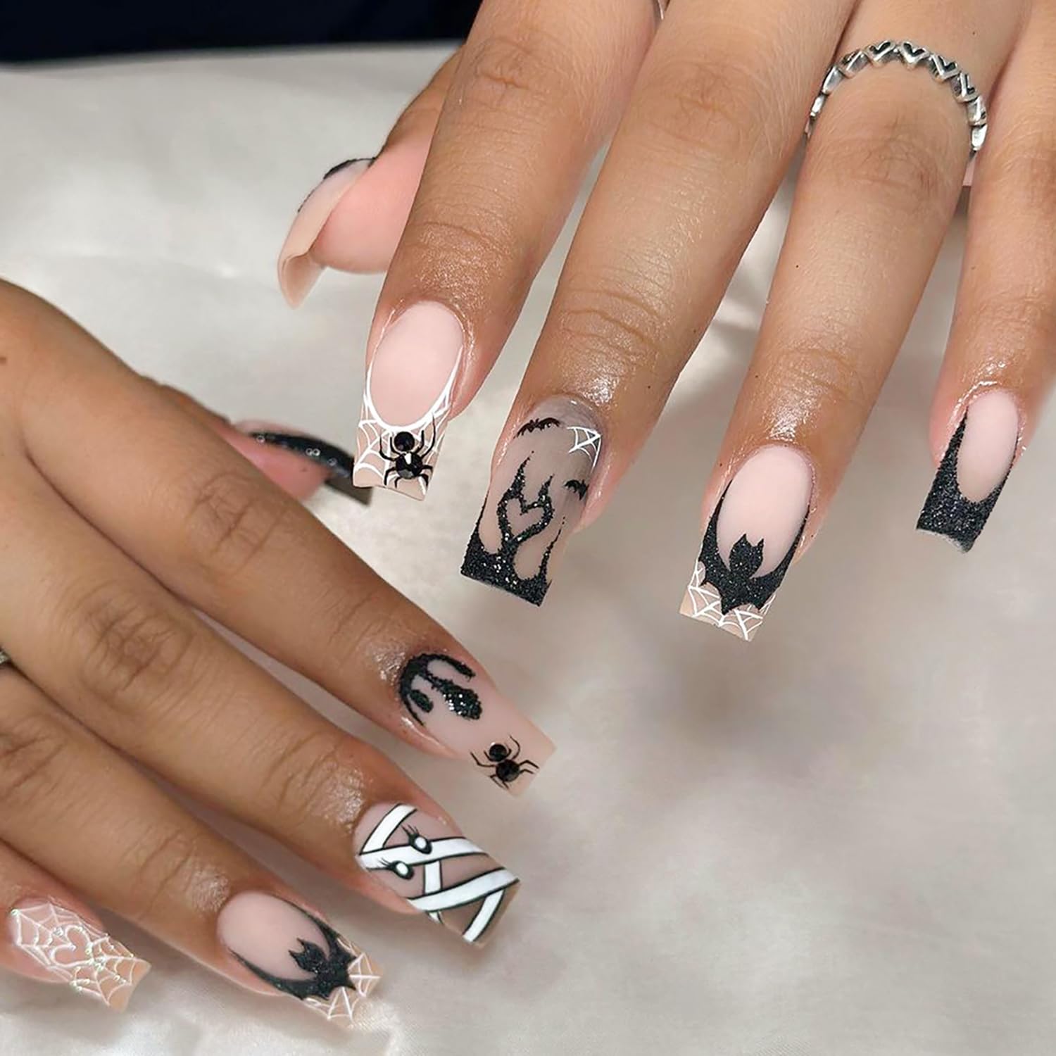 24 Pcs Matte Pink Press on Nails - Medium Length Halloween Fake Nails with Glue, Cute French Tip False Nails with Spider Web & Flame Design - Full Cover Nail Tips for Women & Girls - Perfect for Halloween Parties, Cosplay, and Nail Art Enthusiasts