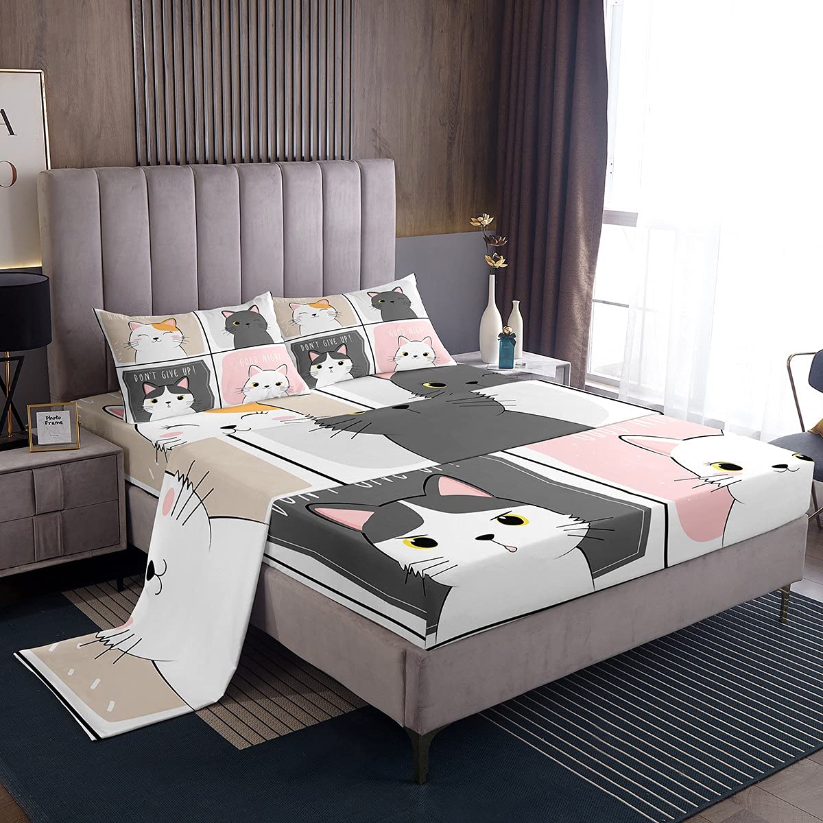 Erosebridal Kawaii Cats Queen Size Bed Sheet Set - Pink & Grey Cute Cat Print Bedding for Kids & Teens | Soft Microfiber 4-Piece Set (Fitted Sheet, Flat Sheet, 2 Pillowcases) | Perfect for Girls' Rooms, Dorm Decor & Anime-Themed Bedrooms