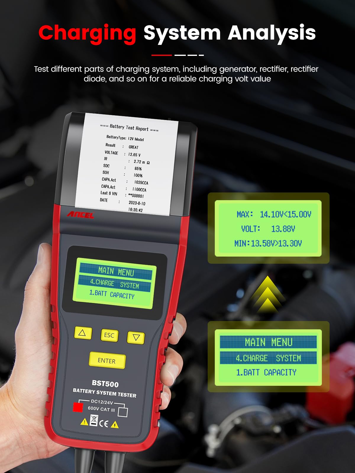 ANCEL BST500 12V 24V Car Battery Load Tester with Printer - 99% Accurate Automotive Battery Analyzer for Cranking & Charging System - Heavy Duty Battery Tester for Car, Truck, SUV, ATV, RV - Perfect for Mechanics & DIY Auto Maintenance
