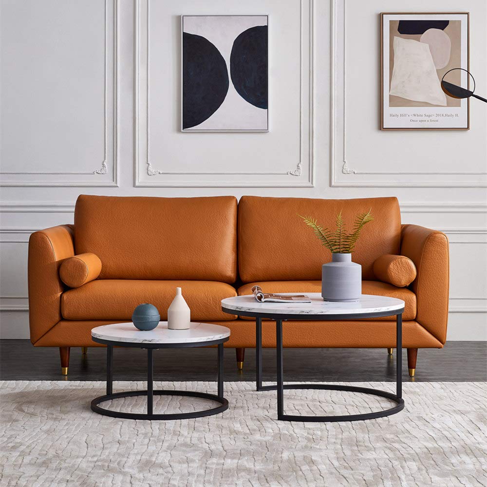 Modern Round Nesting Coffee Table Set of 2 - Metal Frame & Wood Tabletop Accent Side Tables for Living Room - White/Black - Perfect for Small Spaces, Sofa Side & Coffee Table Use