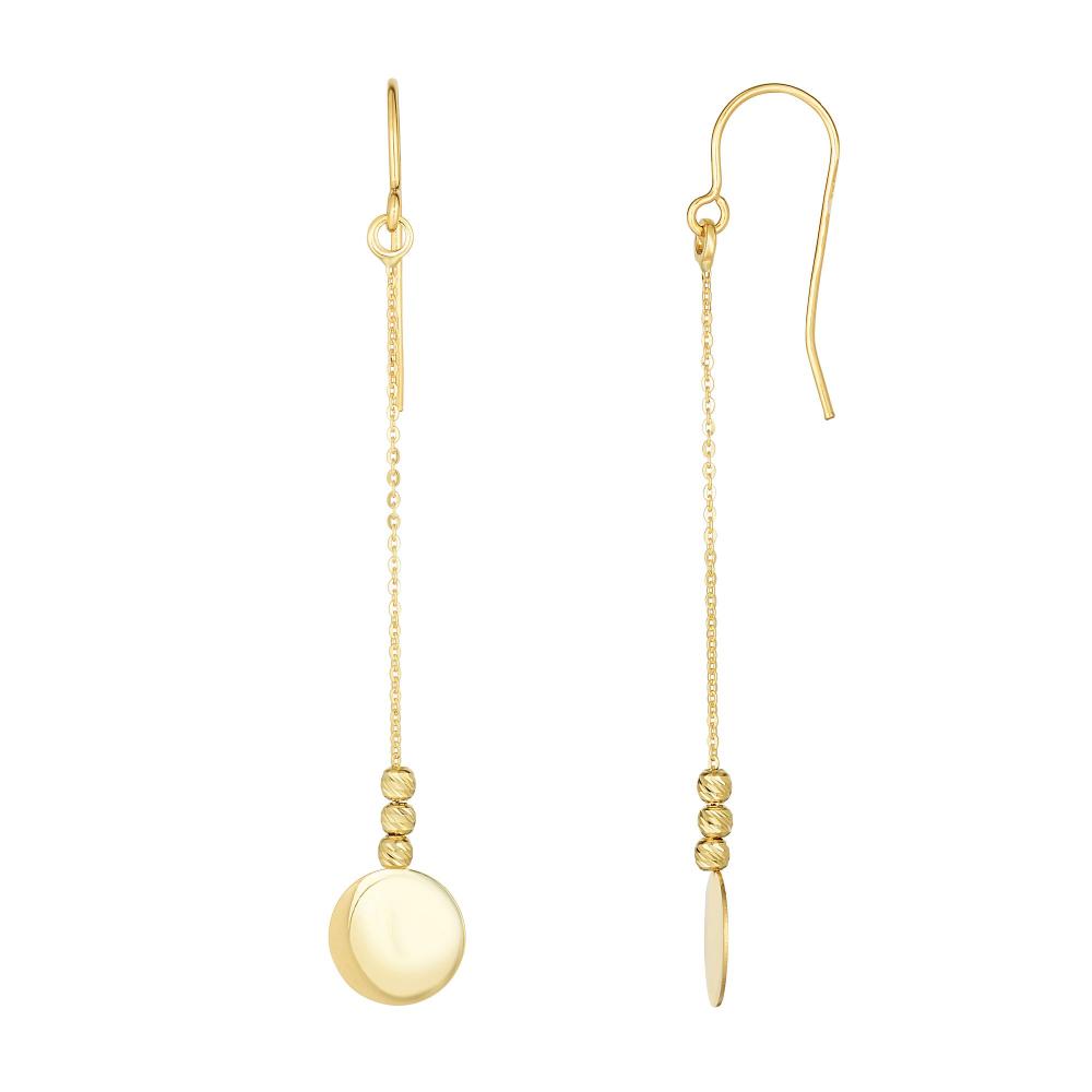 10K Gold Polished Circle Disc & Bead Drop Earrings for Women - Elegant Dangle Earrings for Party, Wedding & Everyday Wear