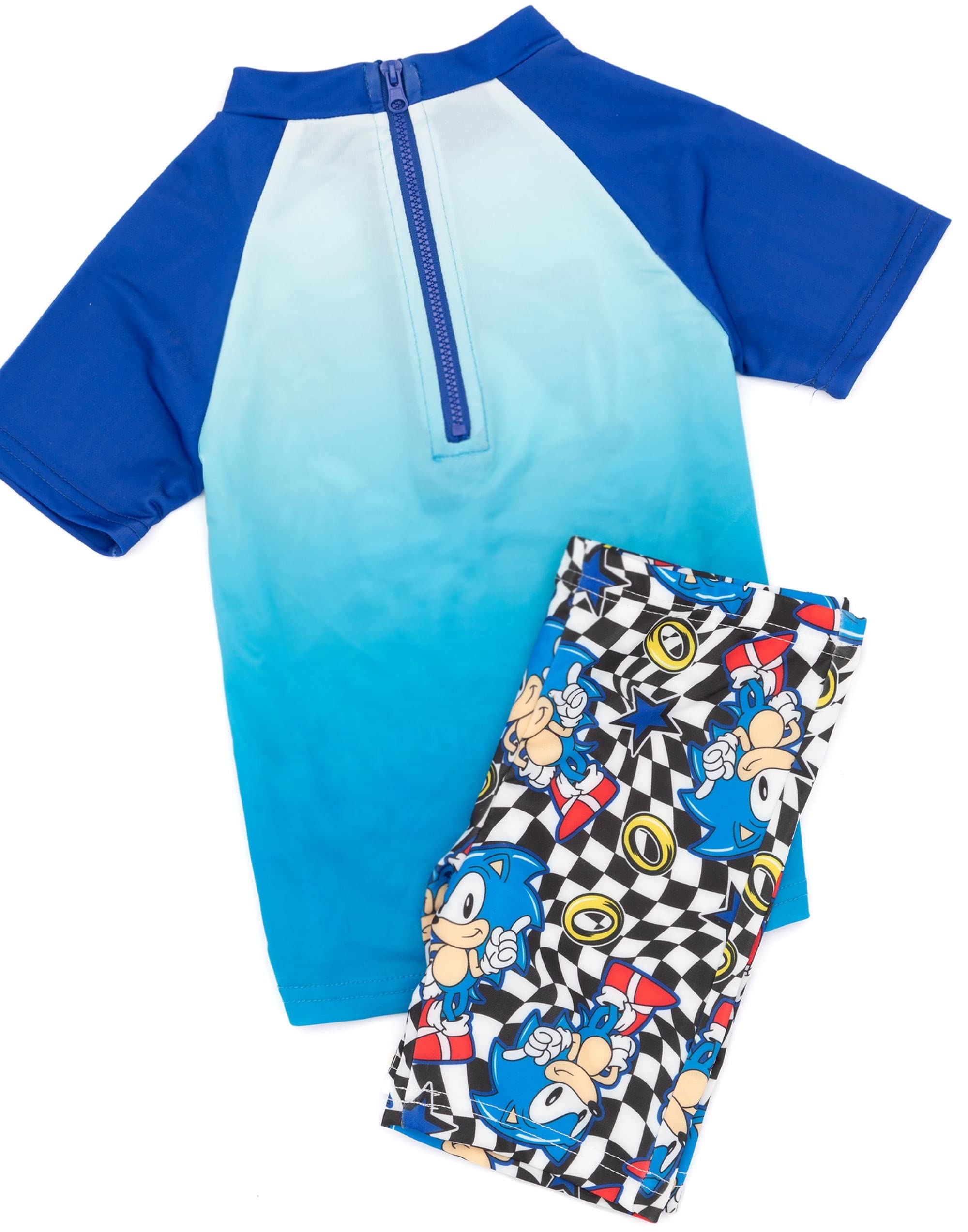 Sonic The Hedgehog Boys Swimwear Set - Blue 2-Piece Rash Guard & Swim Trunks with Racing Checkers Design | Kids Swimming Costume for Pool, Beach & Water Play