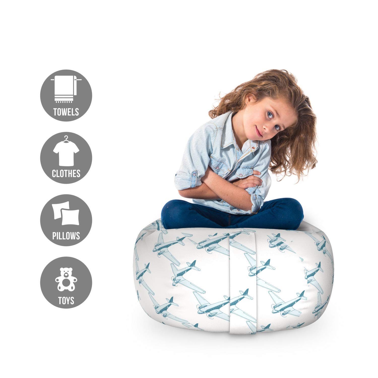 Ambesonne Vintage Airplane Toy Storage Bag Chair - Retro Travel Themed Jet Airliner Pattern, Washable Stuffed Animal Organizer (Small, Pale Blue/White) - Perfect for Kids' Room, Nursery & Travel