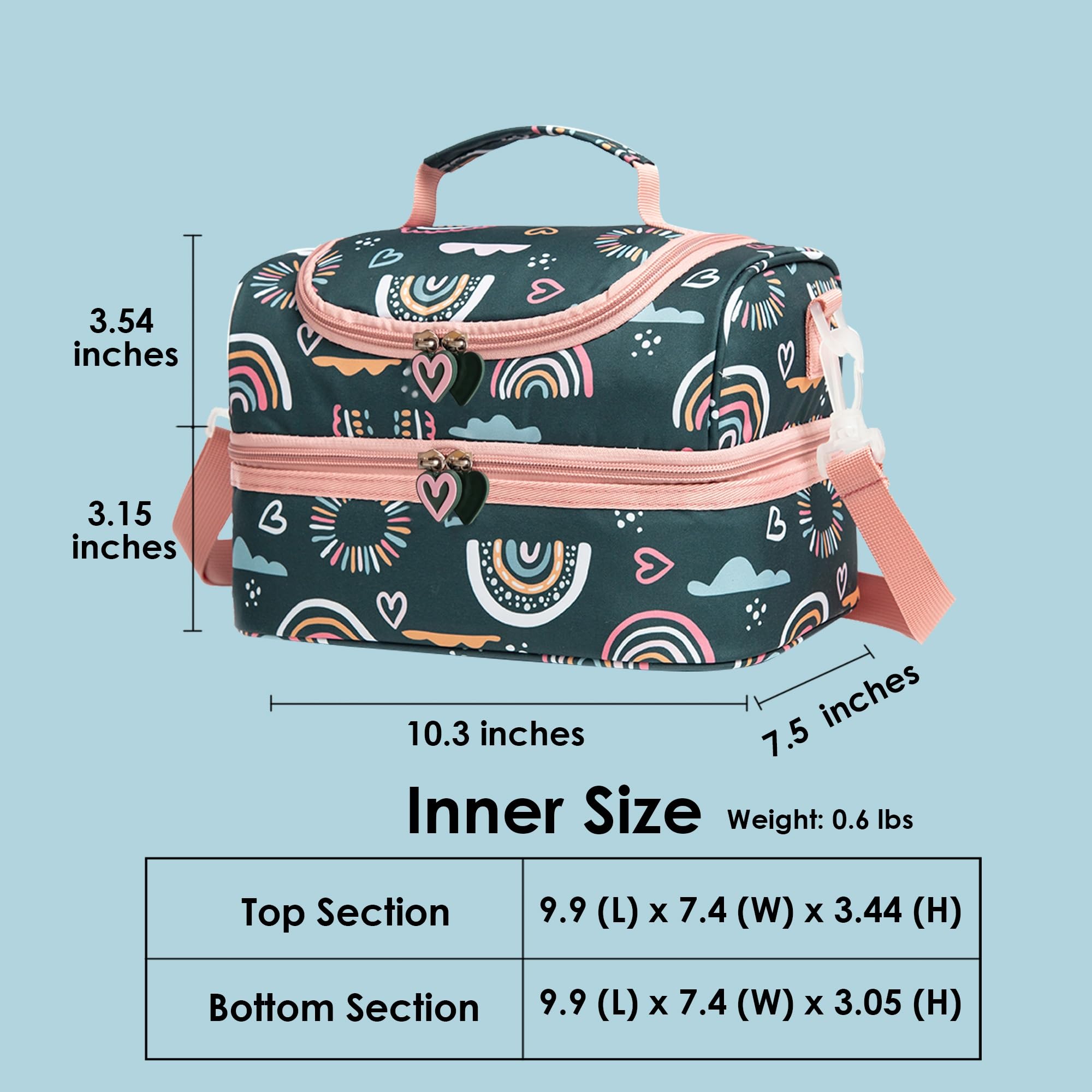 Insulated Kids Lunch Bag with Dual Compartments - Thermal Cooler Tote for Boys & Girls, Toddler School Picnic, Kindergarten Lunch Box with Adjustable Strap (Green Rainbow) - Perfect for School, Travel & Outdoor Activities