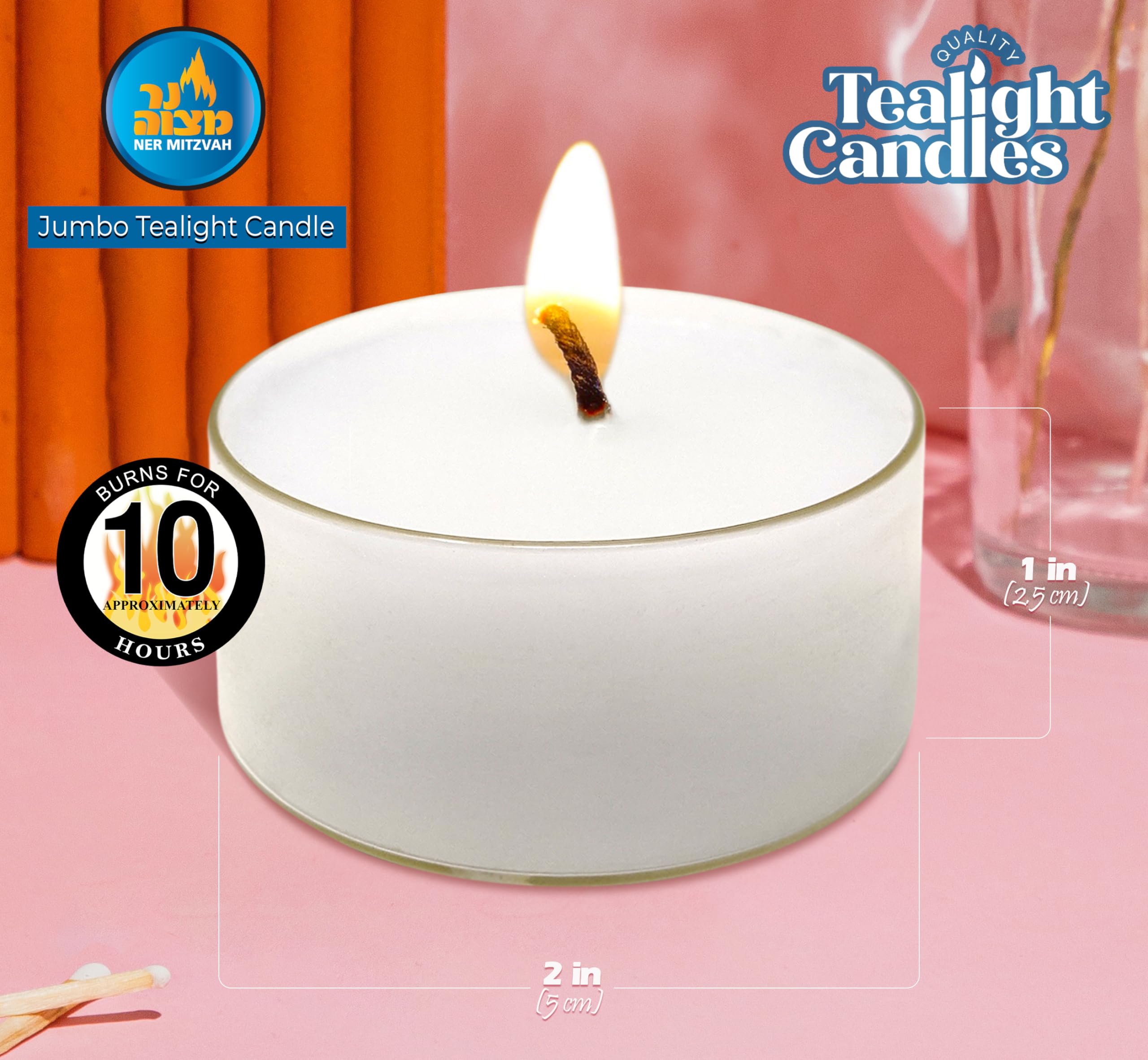 Ner Mitzvah Tea Light Candles - 16 Pack White Unscented Long Burning Tealights (10 Hour Burn Time) for Hanukkah, Shabbat, Weddings & Home Decor