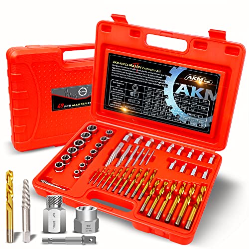 **49-Piece AKM Bolt Extractor Screw Extractor Set - Multi-Spline Nut Remover with Drill Bits & Extension - Heavy-Duty Carrying Case - Master Kit for Automotive, Plumbing & DIY Repairs**