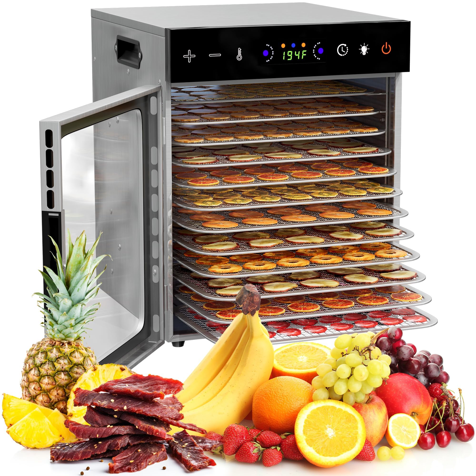12-Tray Food Dehydrator 600W with Adjustable Temperature (86°F-194°F) & Digital Timer - Quiet Electric Dehydrator for Jerky, Fruits, Vegetables, Herbs, Dog Treats - Perfect for Home Kitchen, Camping, Prepping & Healthy Snacks - Includes Recipe Guide