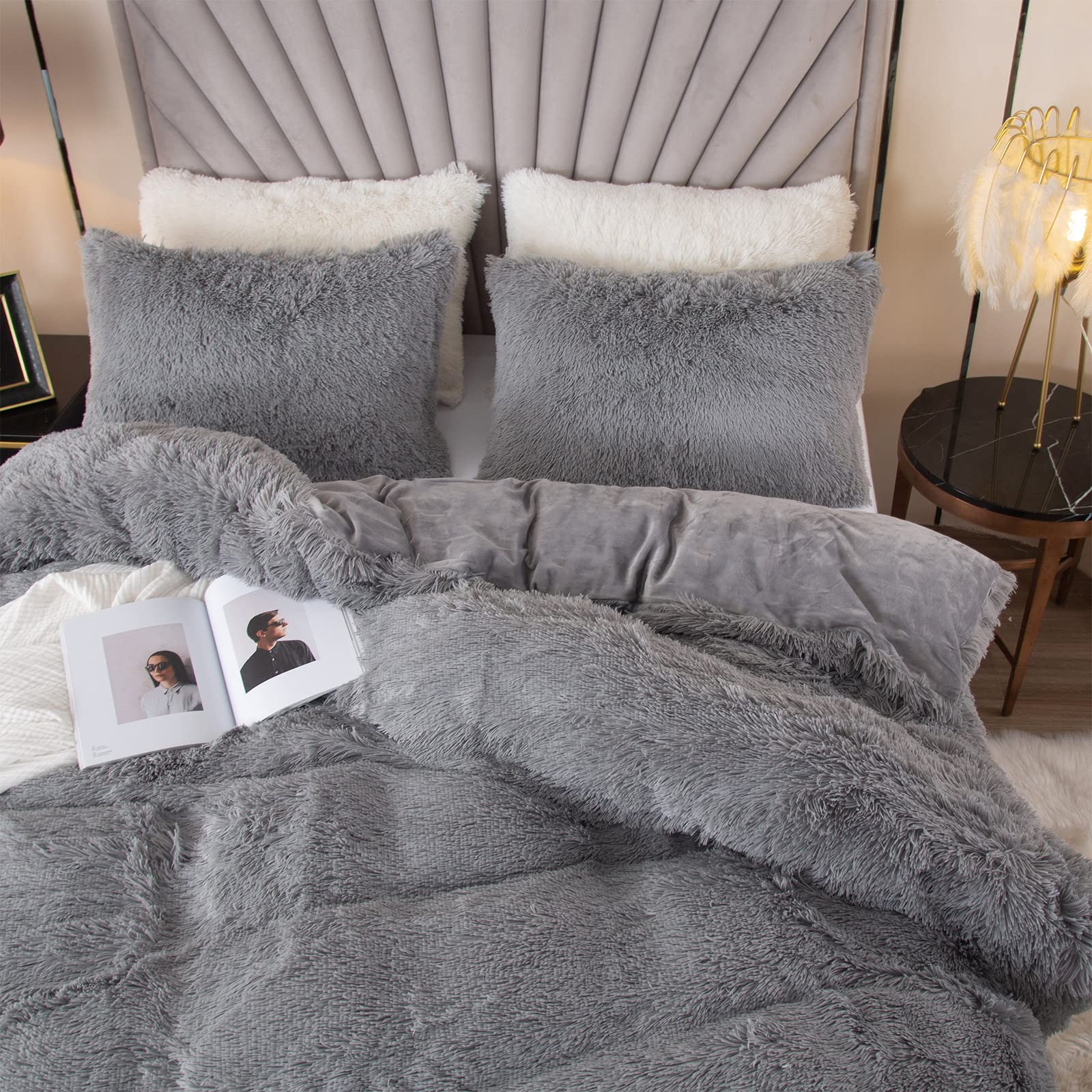 Luxury Fuzzy Plush Shaggy Duvet Cover Set King Size - 3 Piece Fluffy Comforter Cover for King Bed, Soft & Cozy Bedding Set (Grey) - Perfect for Winter Nights & Cozy Bedroom Decor