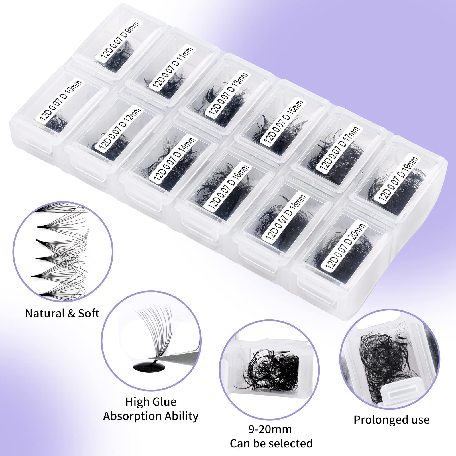 Premium 1200PCS 12D 0.07mm D-Curl Volume Lash Extensions - 9-20mm Mixed Length Premade Fans with Pointed Base for Professional Eyelash Extensions | Perfect for Salon, Bridal, or Everyday Glam Makeup Looks