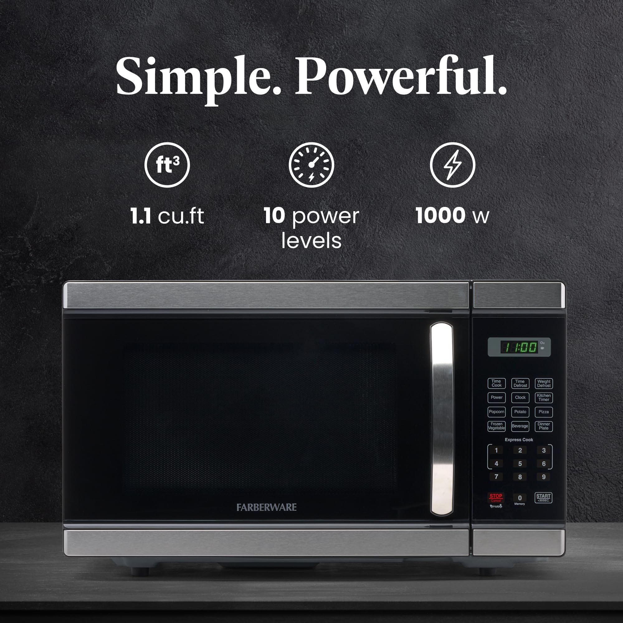 Farberware 1000W 1.1 Cu. Ft Countertop Microwave Oven with LED Lighting & Child Lock - Stainless Steel Interior for Easy Cleaning - Compact Microwave for Small Kitchens, Apartments, Dorms - Perfect for Quick Meals, Reheating & Defrosting