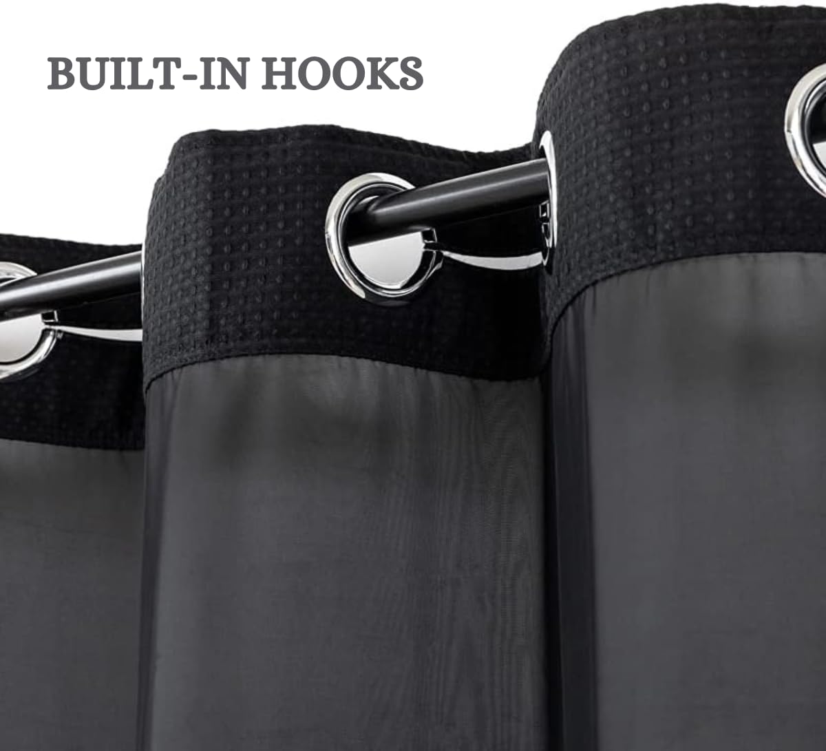 No Hooks Required Shower Curtain with Snap-in Liner - Waffle Weave Hotel Style Waterproof Bathroom Curtain, Washable Fabric with Mesh Top Window & Easy Snap Hooks, 72x74 Inches (Black) - Perfect for Modern Bathrooms, Guest Suites & Spa-Like Showers