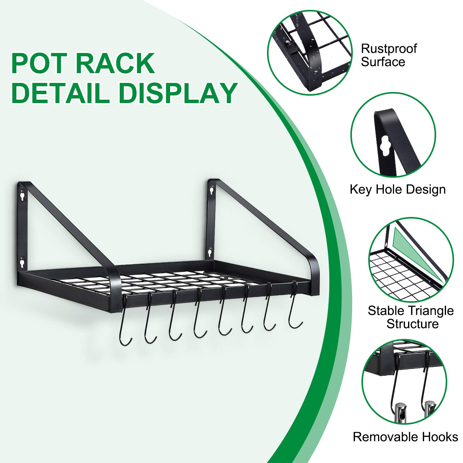 G-TING Wall Mounted Hanging Pot Rack - 8 Hook Kitchen Storage Shelf for Pans, Cookware & Utensils | Space Saving Organizer for Small Kitchens | Black (2 Installation Methods) - Perfect for Apartment, RV & Tiny Home Cooking Spaces