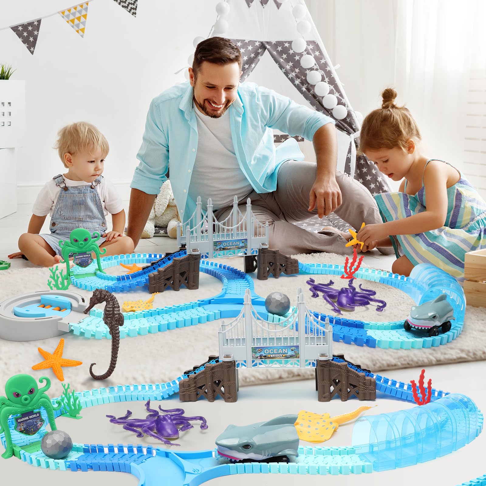 VATOS 183-Piece Shark Race Car Track Set - Flexible Bendable Racetrack with Shark & Ball Toys - STEM Educational Ocean Theme Playset for Boys & Girls Ages 3-9 - Perfect Birthday Gift for Kids Who Love Racing & Marine Adventures