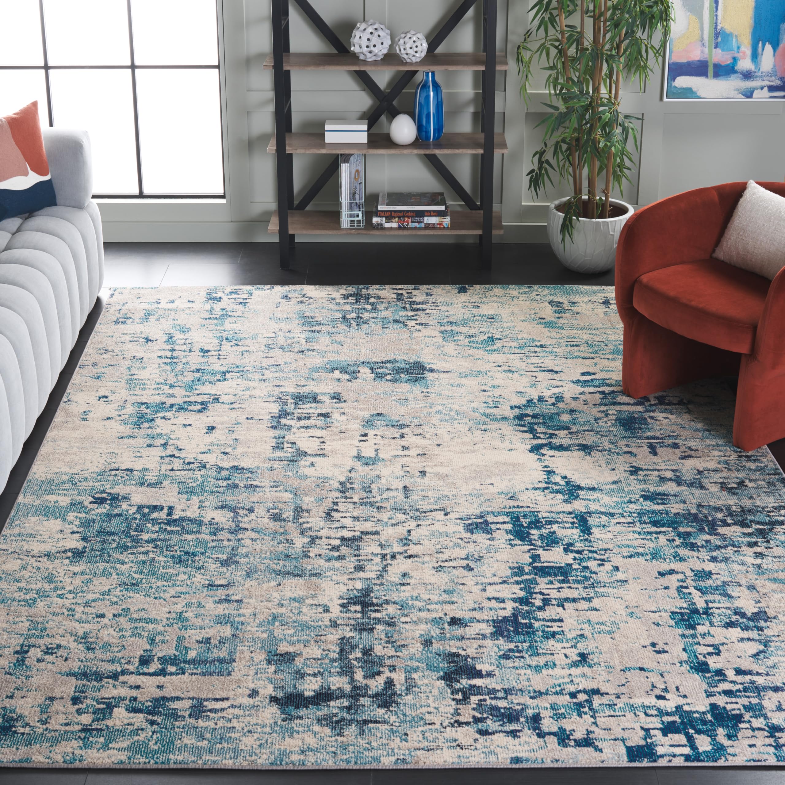 SAFAVIEH Madison Collection 9' x 12' Ivory & Turquoise Modern Abstract Area Rug - Non-Shedding, Stain Resistant Living Room & Bedroom Carpet for Home Decor (MAD471A) | Perfect for Boho Chic, Contemporary Spaces & High Traffic Areas