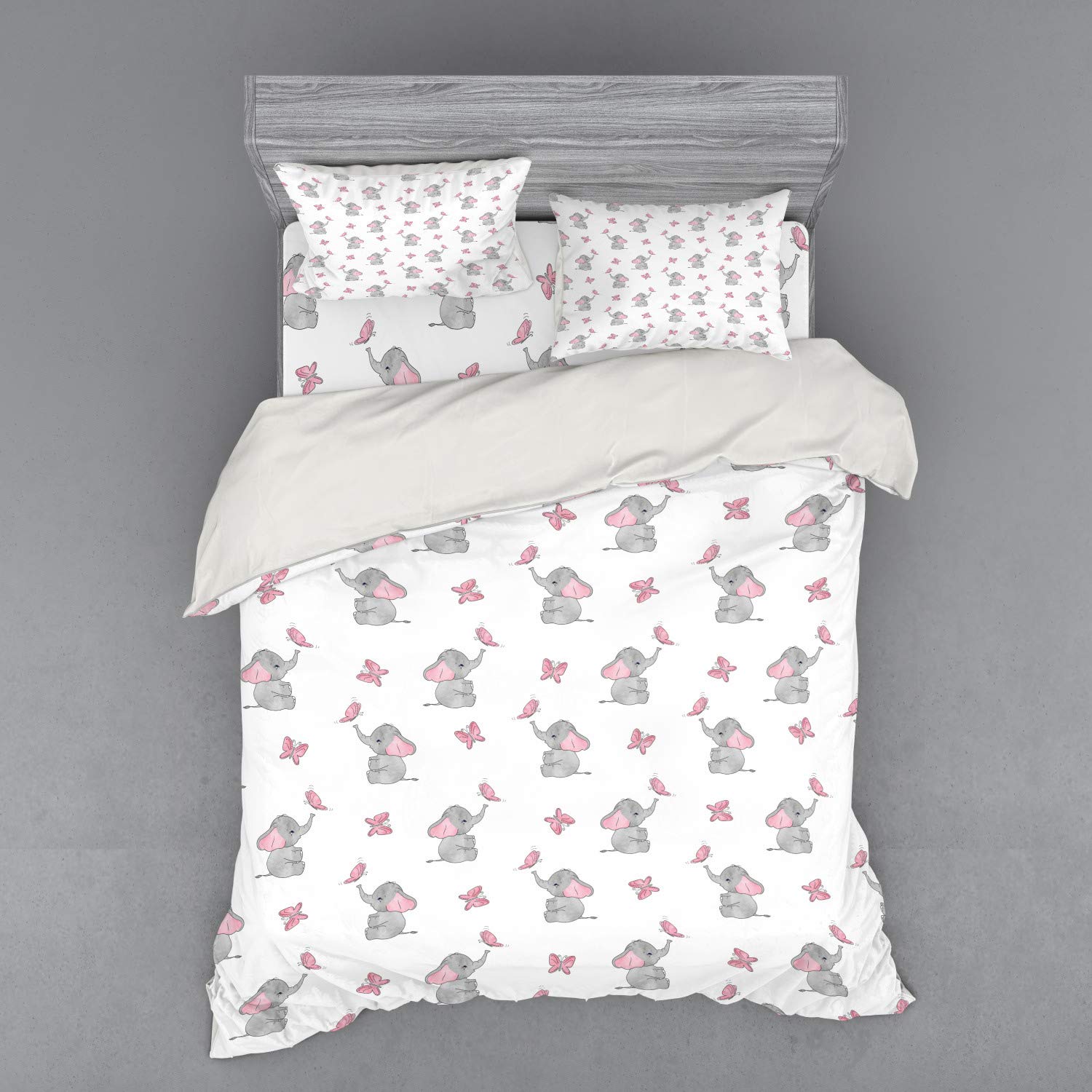 Ambesonne Animal Cartoon 3-Piece Queen Size Duvet Cover Set with Sham & Fitted Sheet - Playing Butterflies Design in Pale Pink White Grey - Soft Bedding for Kids Room, Nursery Decor or Gift Idea