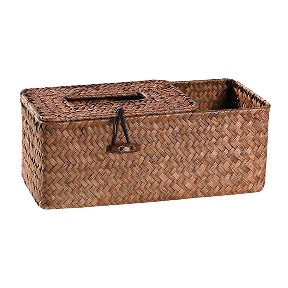Cabilock Rattan Storage Basket with Lid - Farmhouse Woven Tissue Holder for Office Desk, Car, and Home Decor | Perfect for Napkins, Straws, and Wedding Decorations