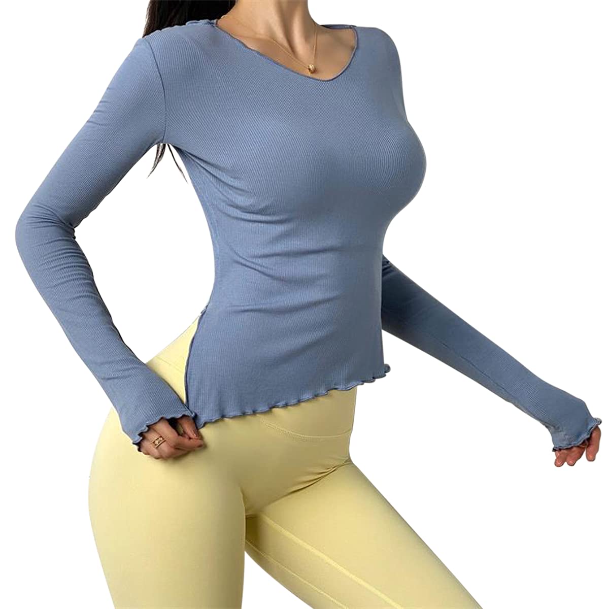 Dream Slim Women's Long Sleeve Workout Shirts - Slim Fit Ribbed Yoga Tops with Lettuce Trim for Running & Sports | Gym, Yoga, Pilates & Casual Wear