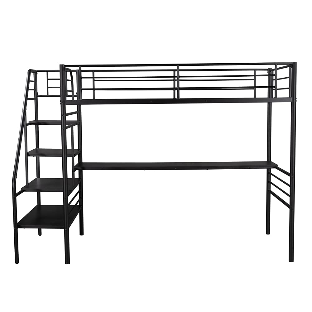 Twin Size Metal Loft Bed Frame with Stairway & Guardrails - Space-Saving Bedroom Furniture with Under-Bed Workstation & Full-Length Desk for Small Apartments, Dorm Rooms & Guest Rooms