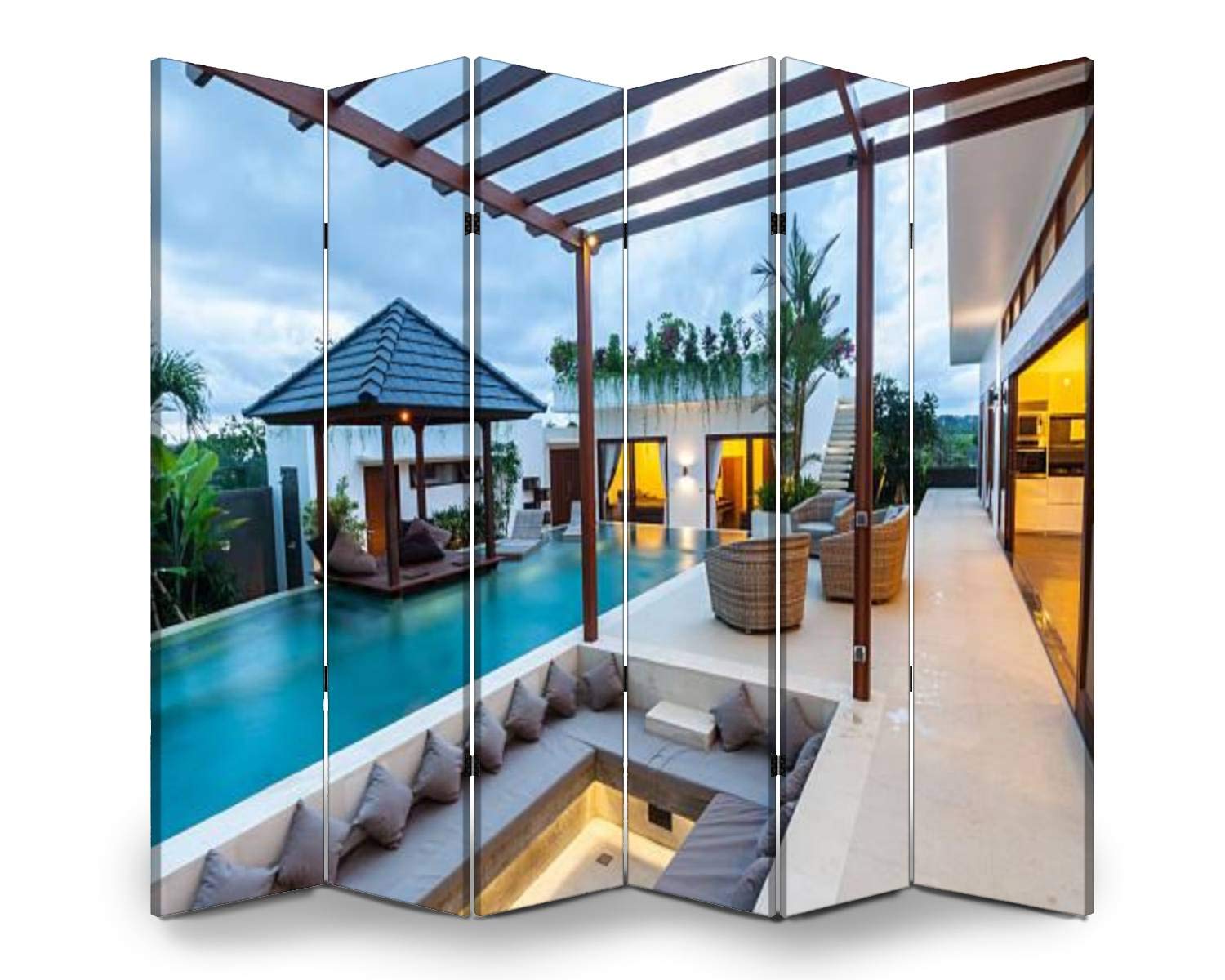 6-Panel Wooden Room Divider - Tropical Modern Folding Privacy Screen for Villa & Home Interior/Exterior | Dual-Sided Canvas Partition Wall with Display Shelves | Perfect for Living Rooms, Bedrooms, Offices and Outdoor Spaces