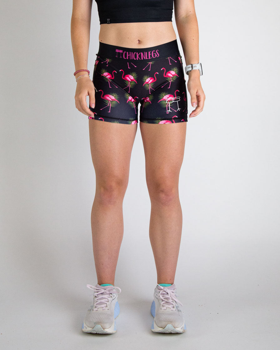 Women's High Waist 3-Pack Flamingo Print Compression Shorts - Moisture Wicking Workout & Yoga Leggings for Running, Gym & Activewear